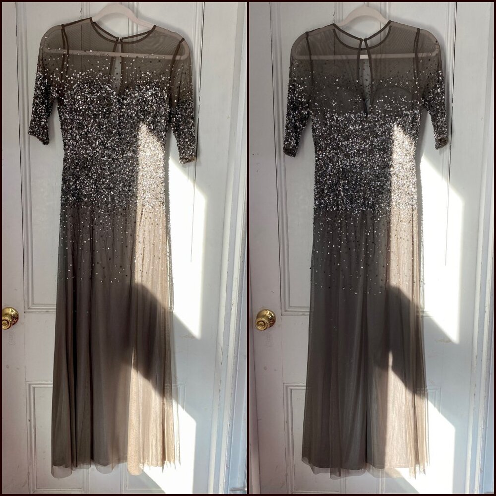 Adrianna Papell 091863330 3/4 Sleeve Beaded Illusion Gown Sweetheart Lead Size 4